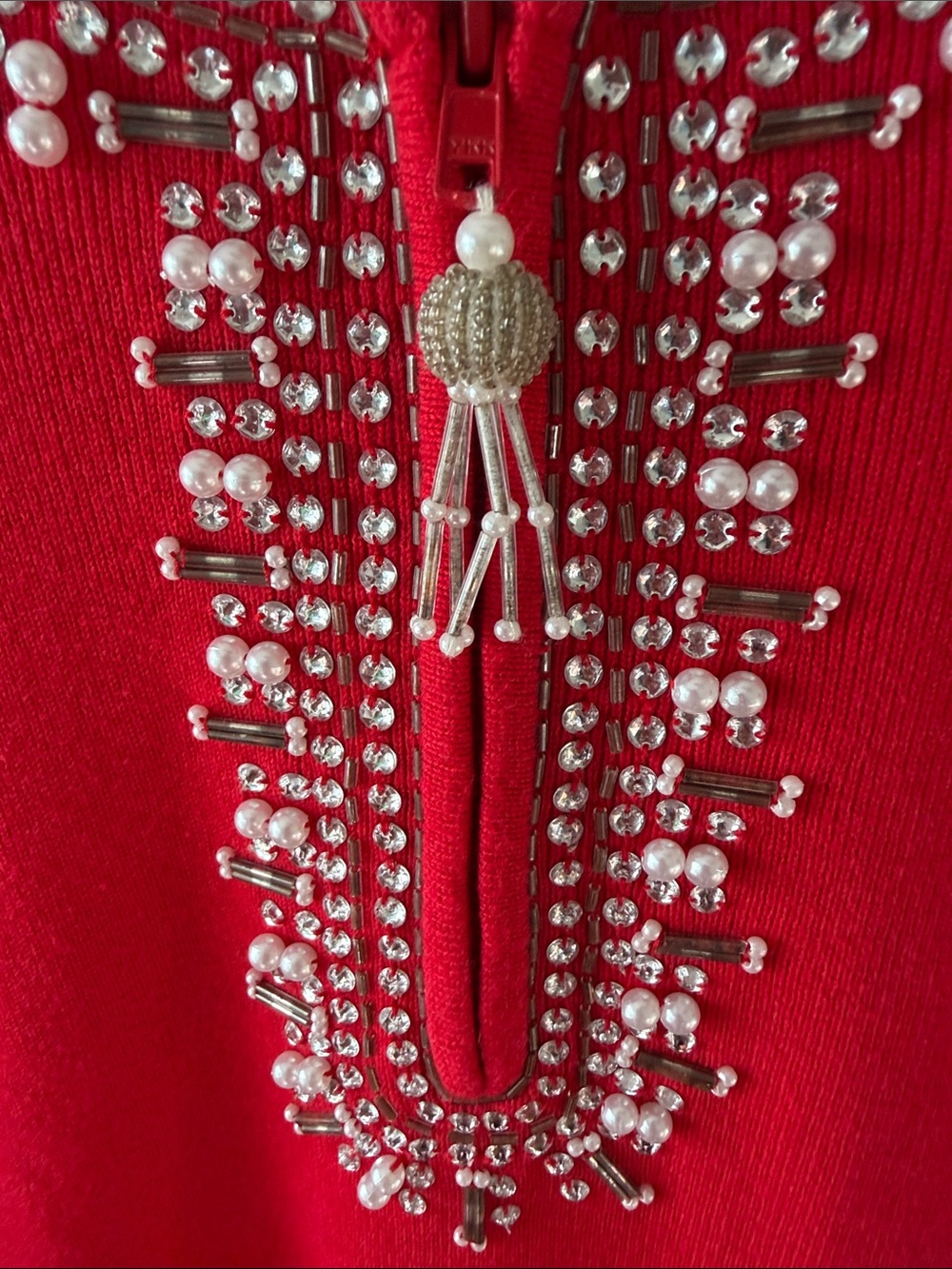 Quacker Factory Red Embellished Knit Pullover with Tassel Zipper pull - Picture 4 of 10